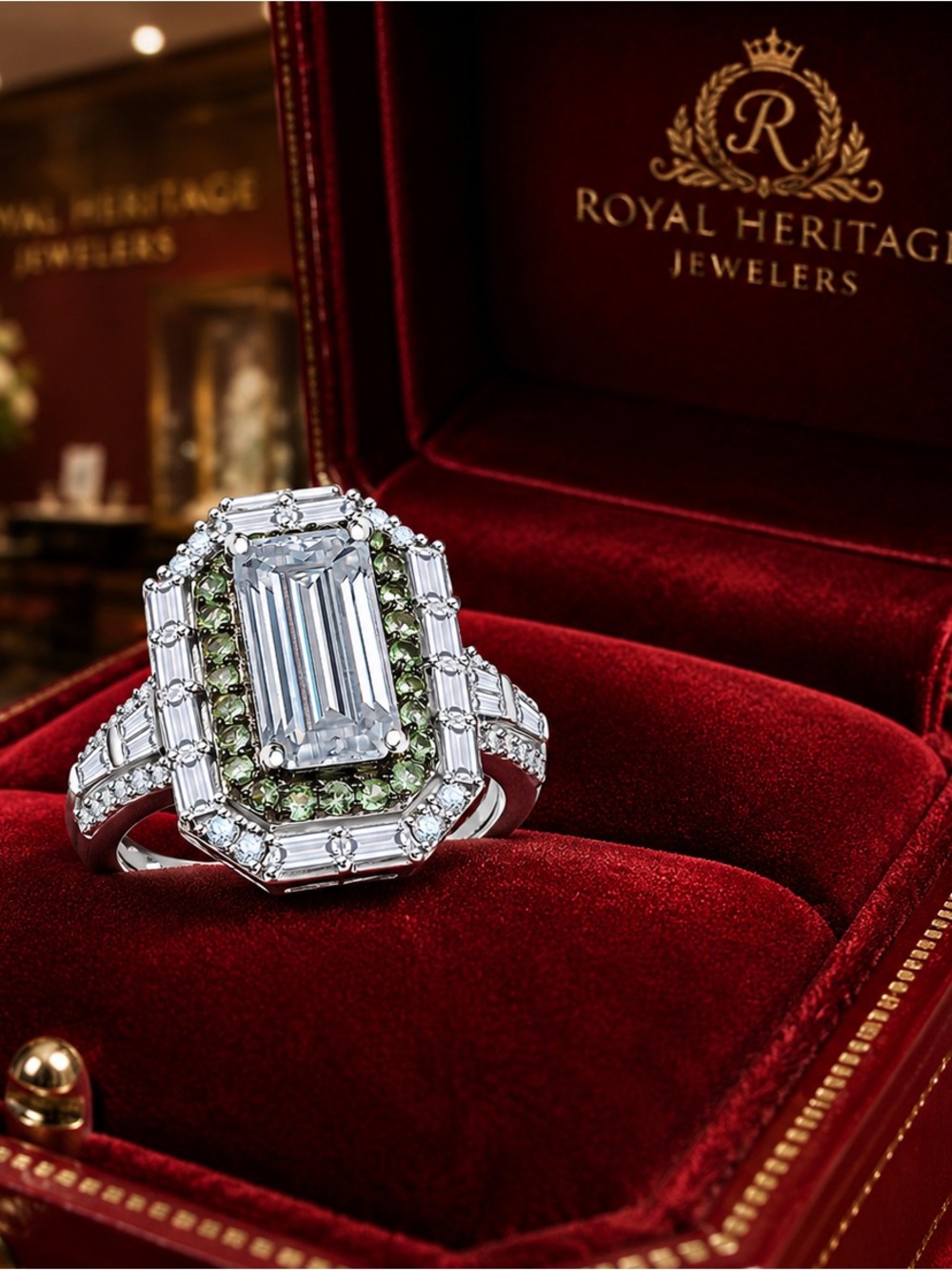 Art Deco Moissanite and Tsavorite Garnet Ring Rhodium Over Sterling Silver